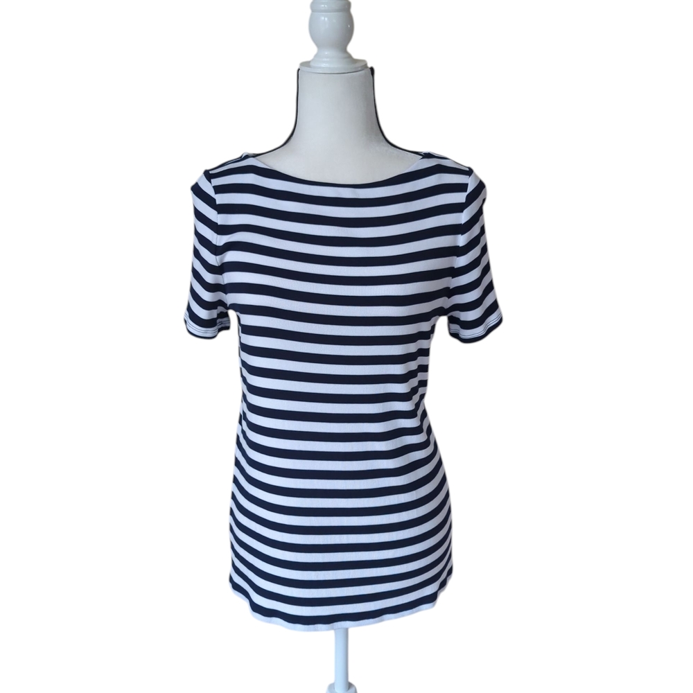 41 Hawthorn Striped Boat Neck Short Sleeve Top MEDIUM Navy Blue White
